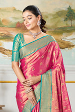 Rani Pink & Sea Green Zari Paper Tissue Woven Silk Saree