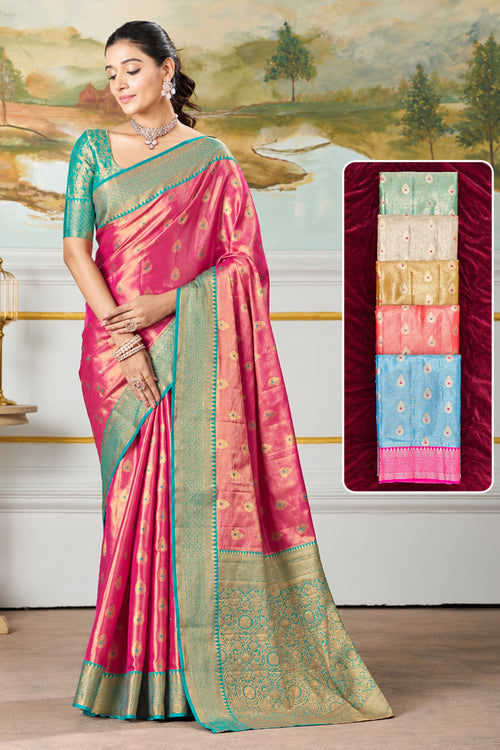 Rani Pink & Sea Green Zari Paper Tissue Woven Silk Saree