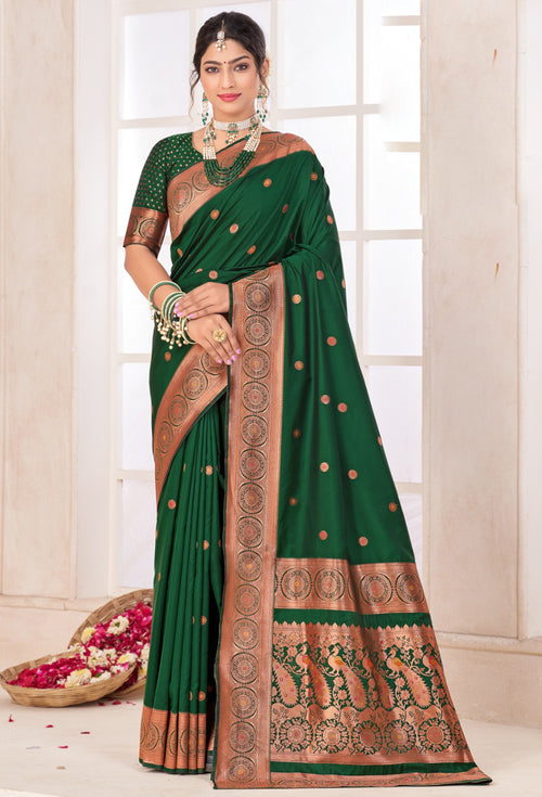 Forest Green Arts Silk Paithani Saree With Blouse Piece