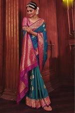 Blue with Pink Border Art Silk Wedding Saree