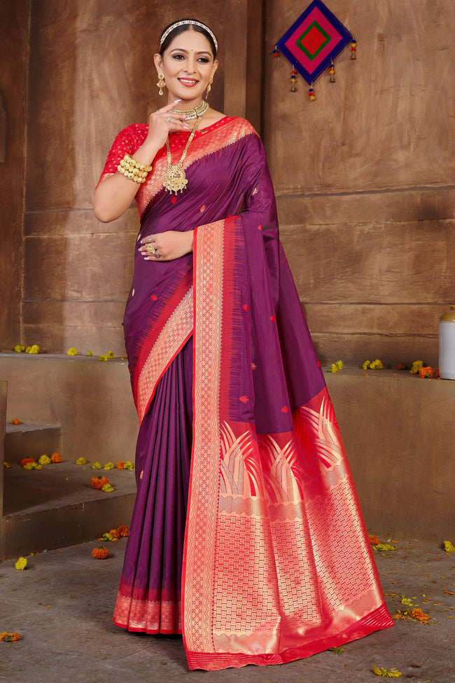 Wine With Red Border Silk Traditional Saree