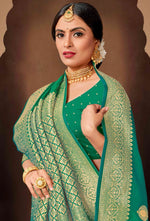 Sea Green Saree In Art Handloom Silk With Woven Floral Buttis And Blouse Piece