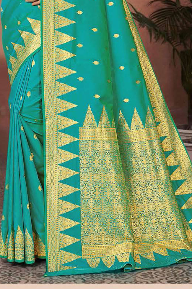 Aqua Green Wedding Wear Woven Art Silk Saree With Blouse Piece