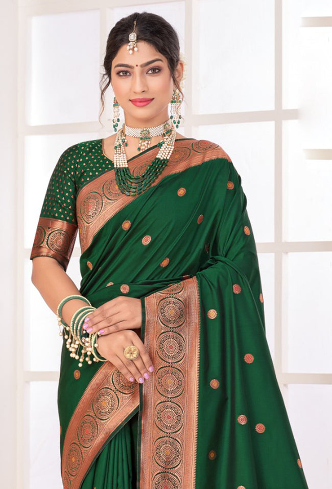 Forest Green Arts Silk Paithani Saree With Blouse Piece