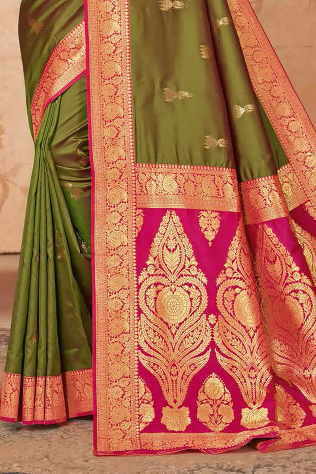 Dusty Green With Pink Woven Art Silk Saree