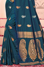 Dark Blue Saree In Silk Blend With Weaved Floral Motifs And Blouse Piece