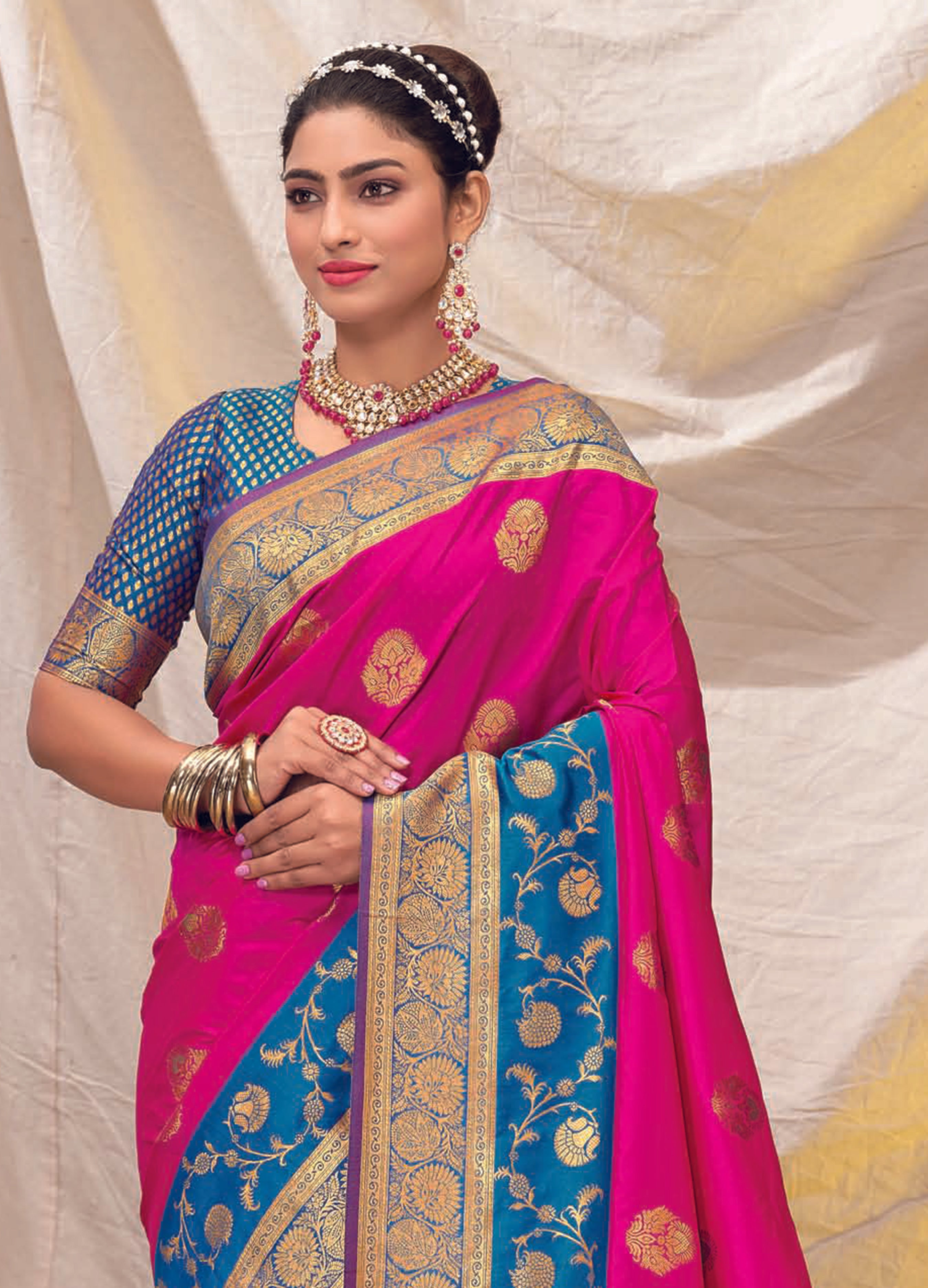 Pink Brocade Blouse with Light Blue Saree – Dri By Himadri