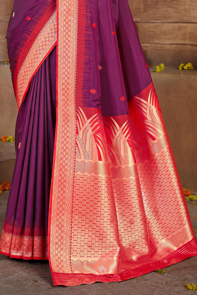 Wine With Red Border Silk Traditional Saree