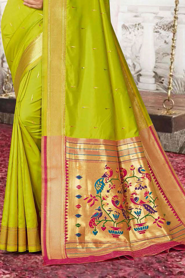 Olive Green With Red Woven Art Silk Paithani  Saree