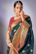 Prussian Blue With Red Woven Art Silk Saree
