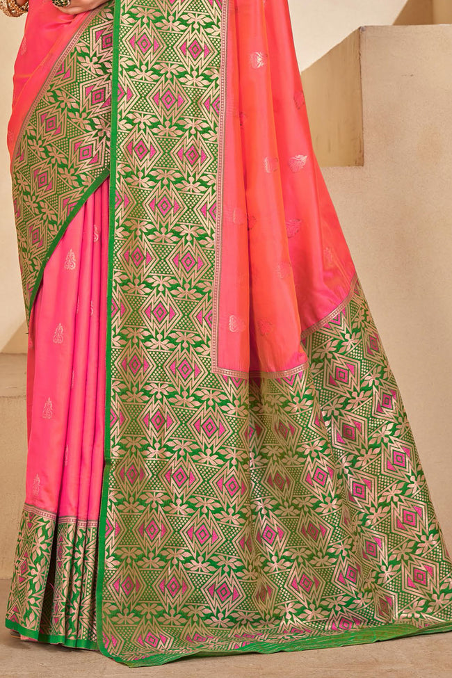 Peach & Green Woven Festival Wear Silk Saree With Blouse Piece