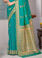 Turquoise Green Banarasi Silk Festival Traditional Saree With Blouse Piece