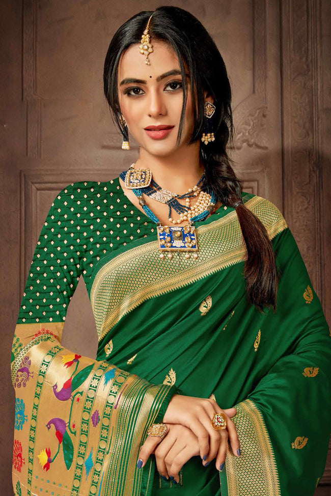 Forest Green Paithani Silk Saree And Blouse Piece