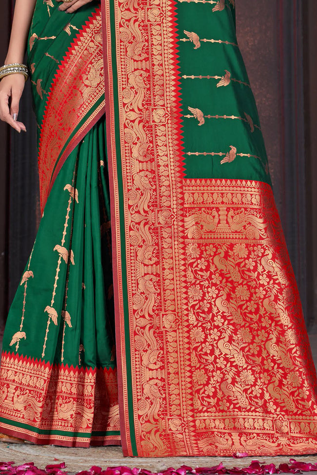 Forest Green With Red Border Wedding Wear Art Silk Saree