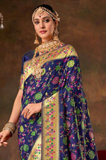 Navy Blue Foil Print Silk Saree And Blouse Piece