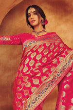 Crimson & Gold-Toned Woven Design Zari Buti Silk Blend Banarasi Saree