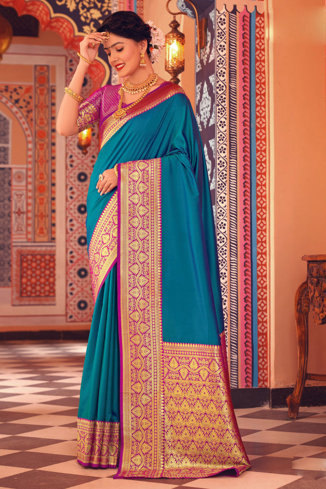 Blue Color Soft Woven Silk Saree And Woven Blouse Piece
