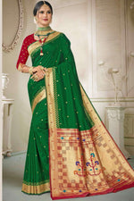 Forest Green With Red Art Silk Paithani Saree With Blouse Piece