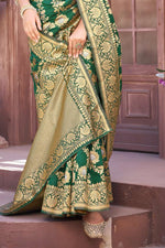 Forest Green Soft Silk Woven Saree And Blouse Piece