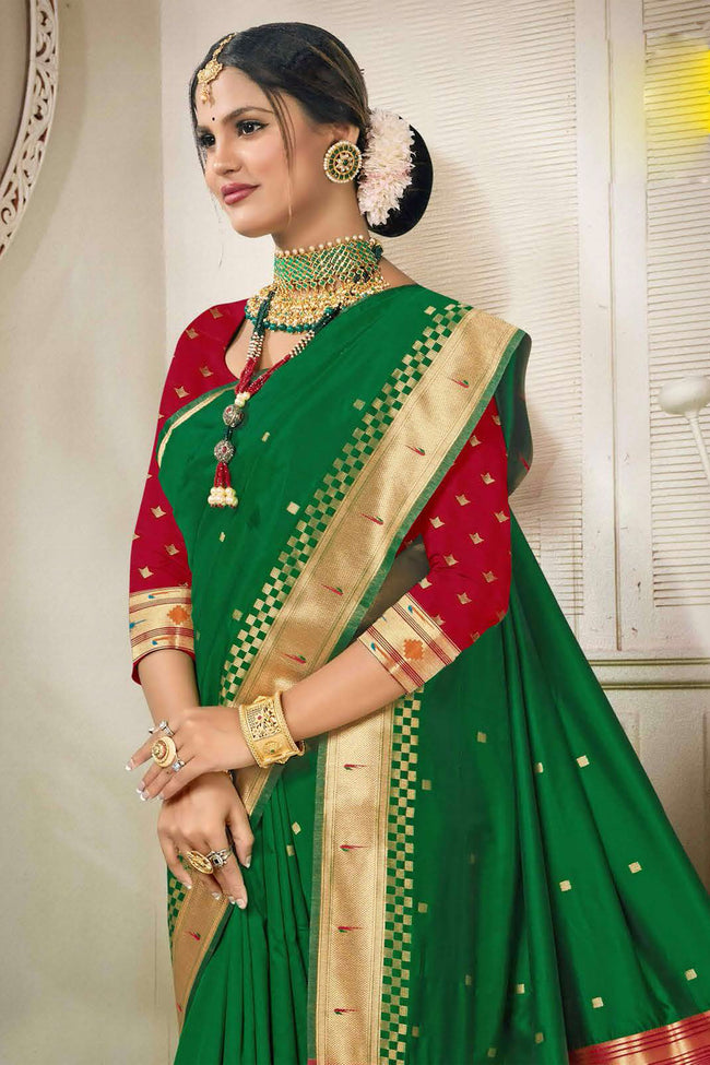 Forest Green With Red Art Silk Paithani Saree With Blouse Piece