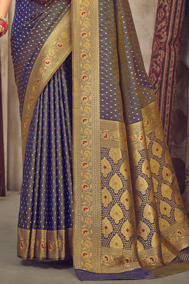Grey & Gold-Coloured Ethnic Motifs Woven Design Silk Blend Banarasi Saree