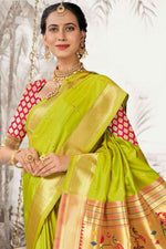 Olive Green With Red Woven Art Silk Paithani  Saree