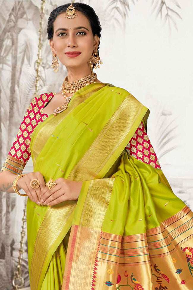 Olive Green With Red Woven Art Silk Paithani  Saree