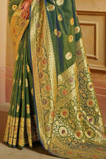 Olive Green Floral Linen Blend Banarasi Silk Saree