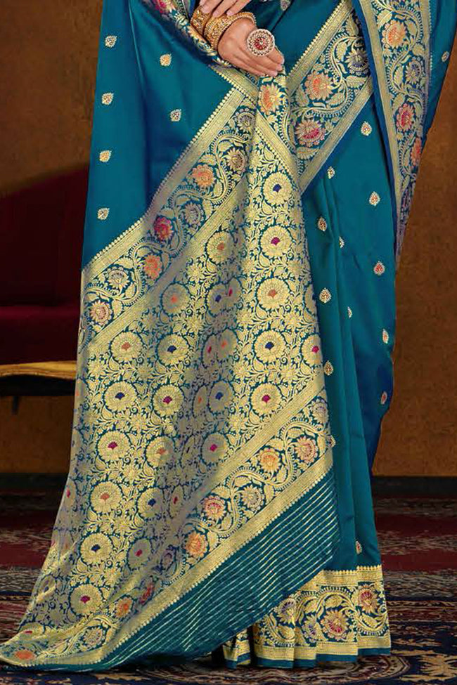 Steel Blue Soft Woven Silk Saree And Blouse Piece