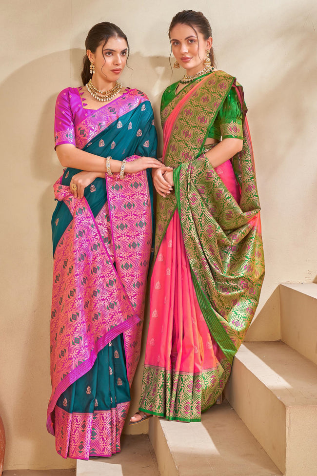 Peach & Green Woven Festival Wear Silk Saree With Blouse Piece