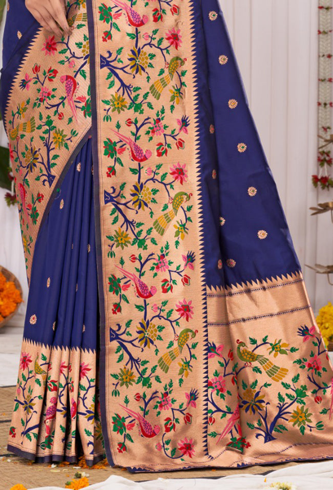 Indigo Blue Banarasi Silk Saree With Paithani Pallu And Blouse Piece
