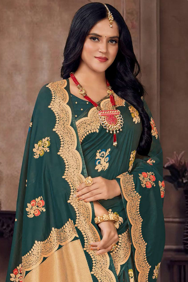 Forest Green Embroidered Art Silk Saree With Blouse Piece