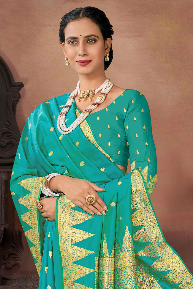 Aqua Green Wedding Wear Woven Art Silk Saree With Blouse Piece