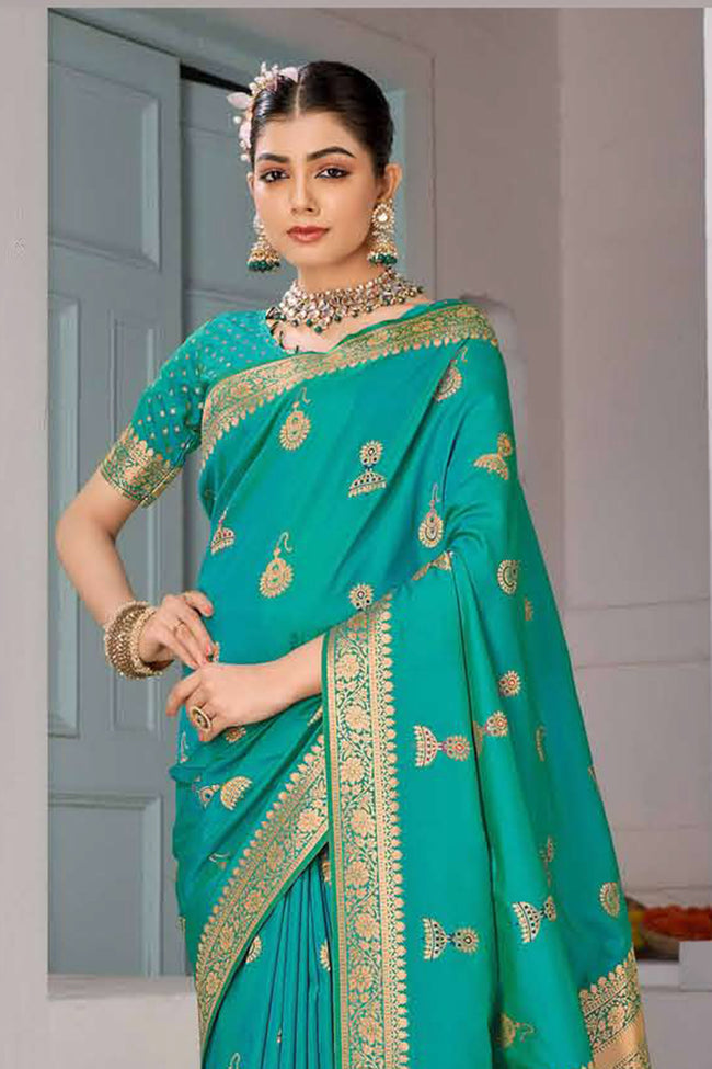 Turquoise Green Banarasi Silk Festival Traditional Saree With Blouse Piece