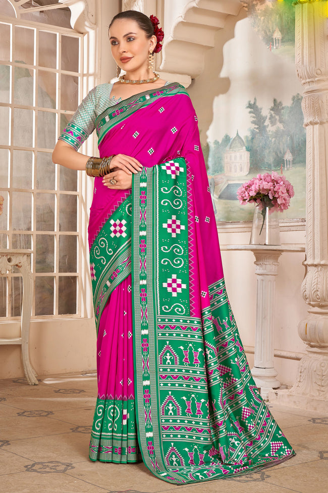 Pink With Green Weaving Patola Silk Traditional Saree