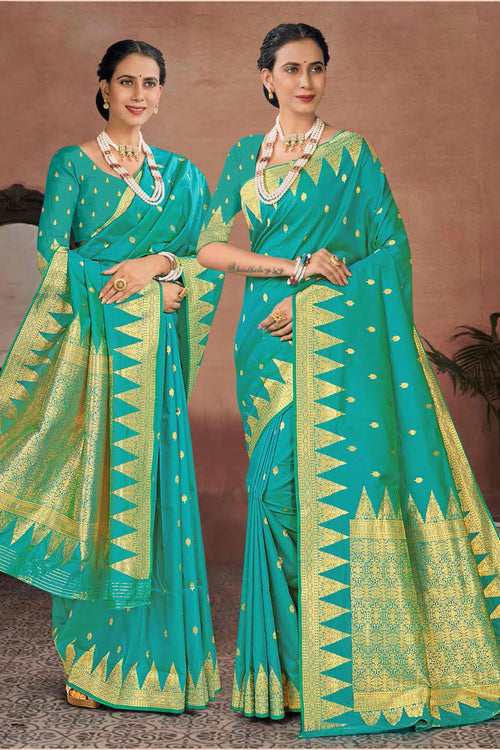 Aqua Green Wedding Wear Woven Art Silk Saree With Blouse Piece