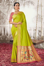 Olive Green With Red Woven Art Silk Paithani  Saree