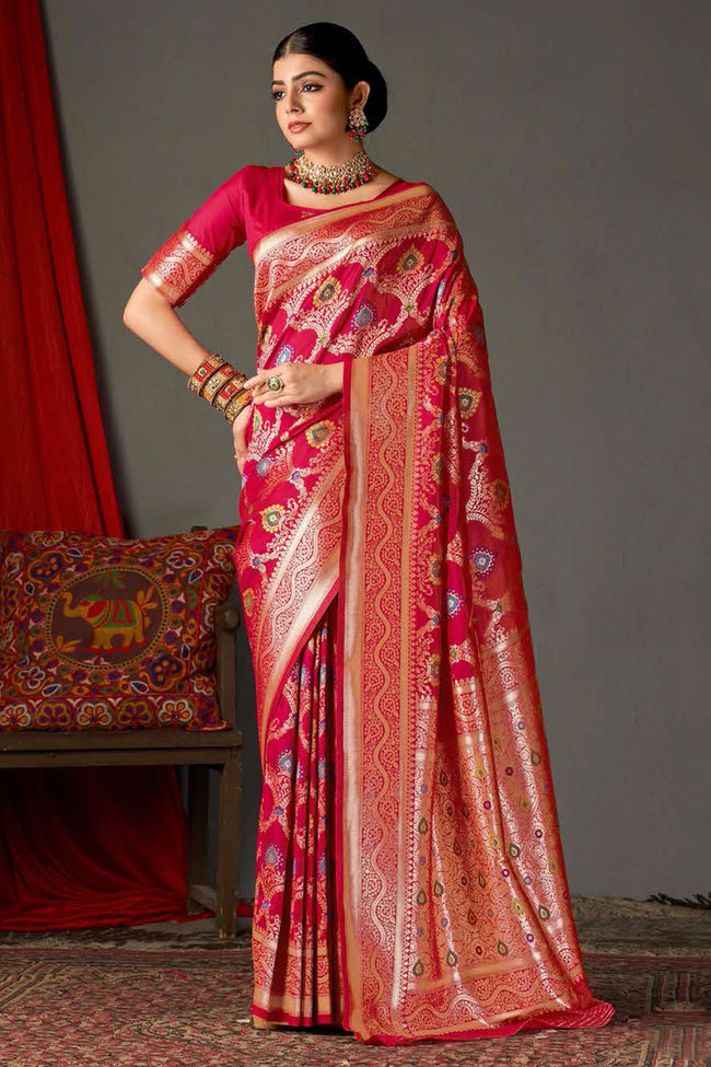 Red Color Heavy Woven Silk Saree And Blouse Piece