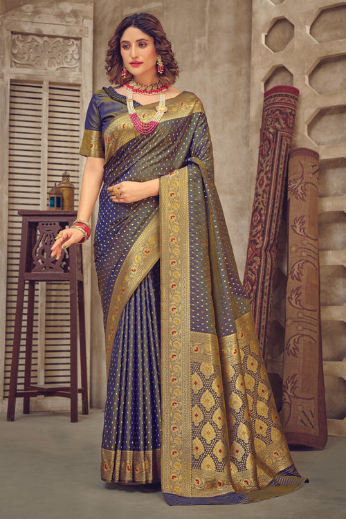 Grey & Gold-Coloured Ethnic Motifs Woven Design Silk Blend Banarasi Saree