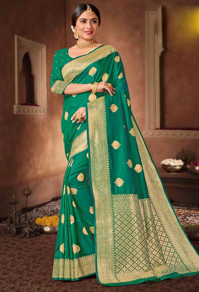 Sea Green Saree In Art Handloom Silk With Woven Floral Buttis And Blouse Piece