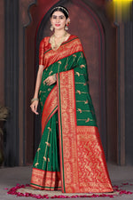 Forest Green With Red Border Wedding Wear Art Silk Saree