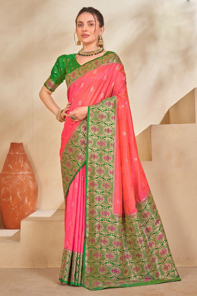 Peach & Green Woven Festival Wear Silk Saree With Blouse Piece