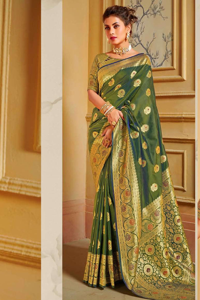 Olive Green Floral Linen Blend Banarasi Silk Saree