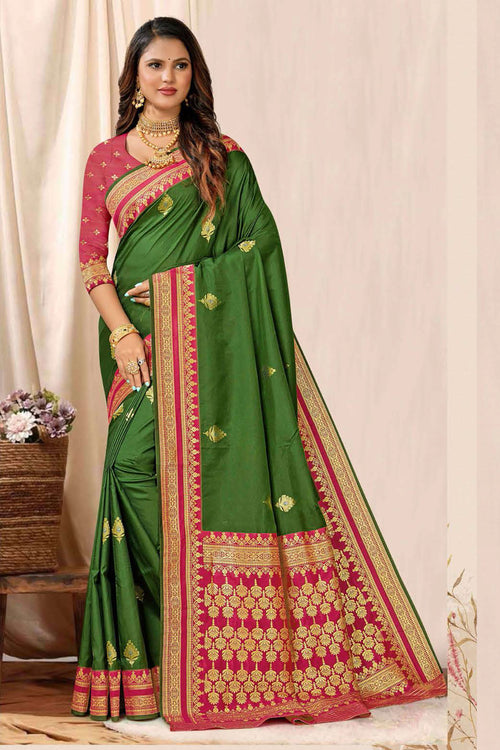 Piquant Green With Ruby Pink Border Woven Art Silk Saree With Blouse Piece