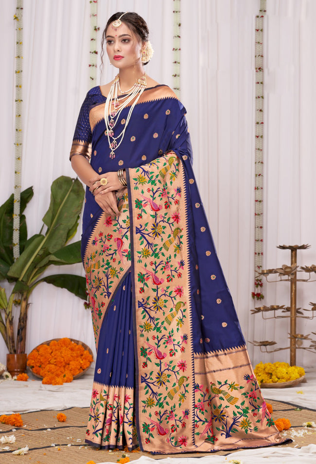 Indigo Blue Banarasi Silk Saree With Paithani Pallu And Blouse Piece