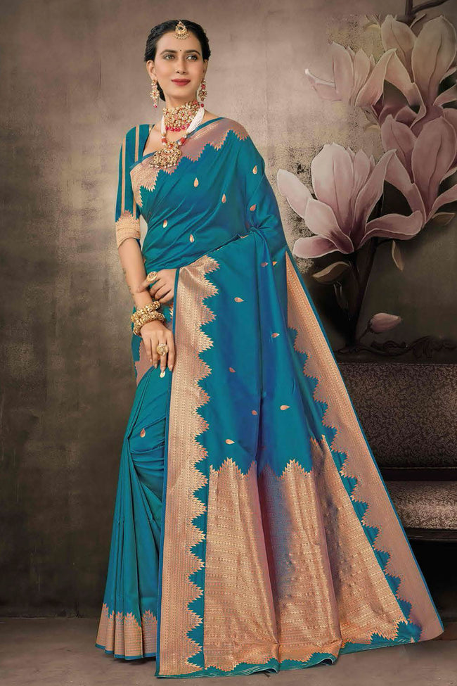 Blue Art Silk Traditional Saree With Blouse Piece