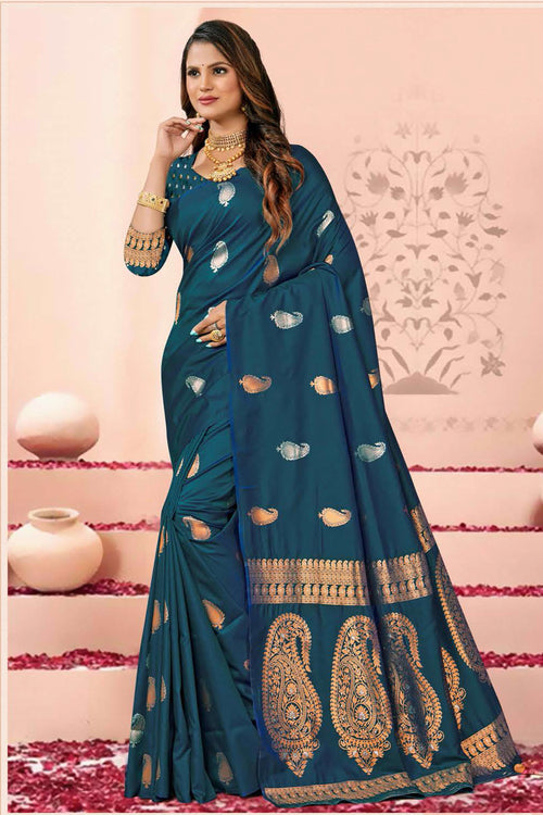 Dark Blue Saree In Silk Blend With Weaved Floral Motifs And Blouse Piece