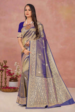 Slate Grey With Navy Blue Weaving Work Festive Wear Saree