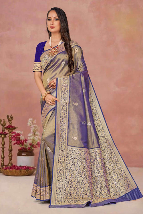 Slate Grey With Navy Blue Weaving Work Festive Wear Saree