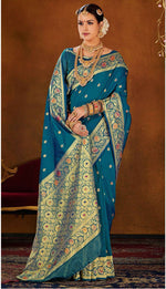 Steel Blue Soft Woven Silk Saree And Blouse Piece